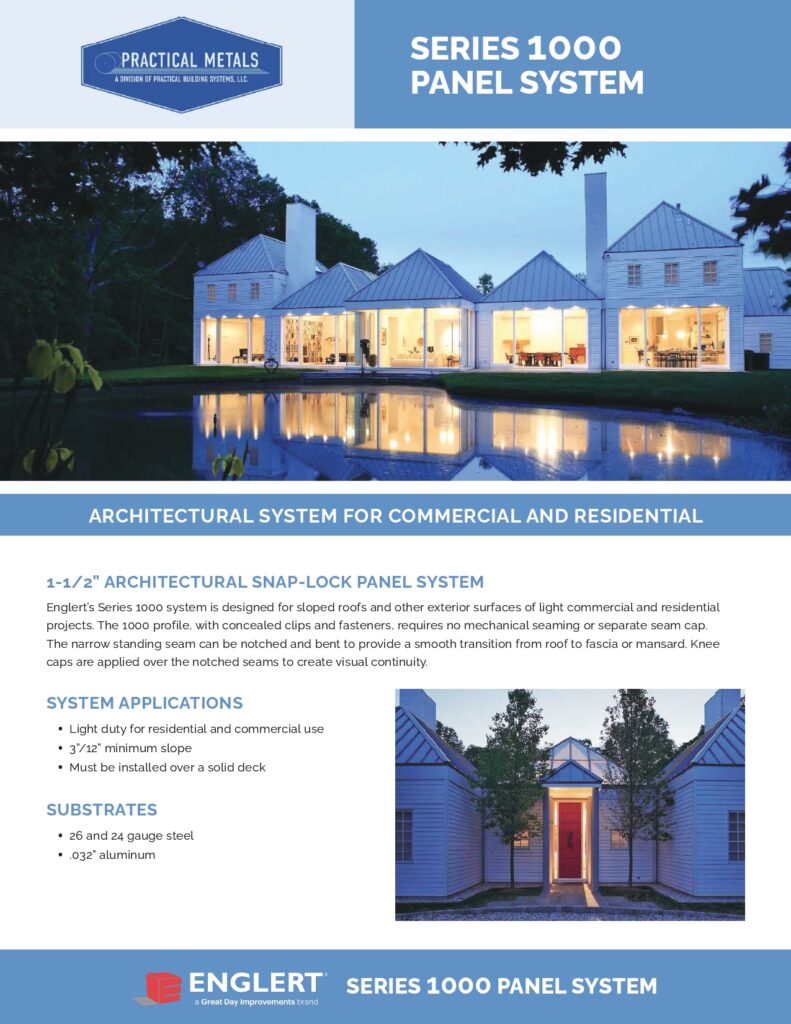 Series 1000 Panel System by Practical Metals, featuring a modern building with a sloped metal roof, surrounded by greenery and reflecting in water, highlighting architectural applications for commercial and residential projects.